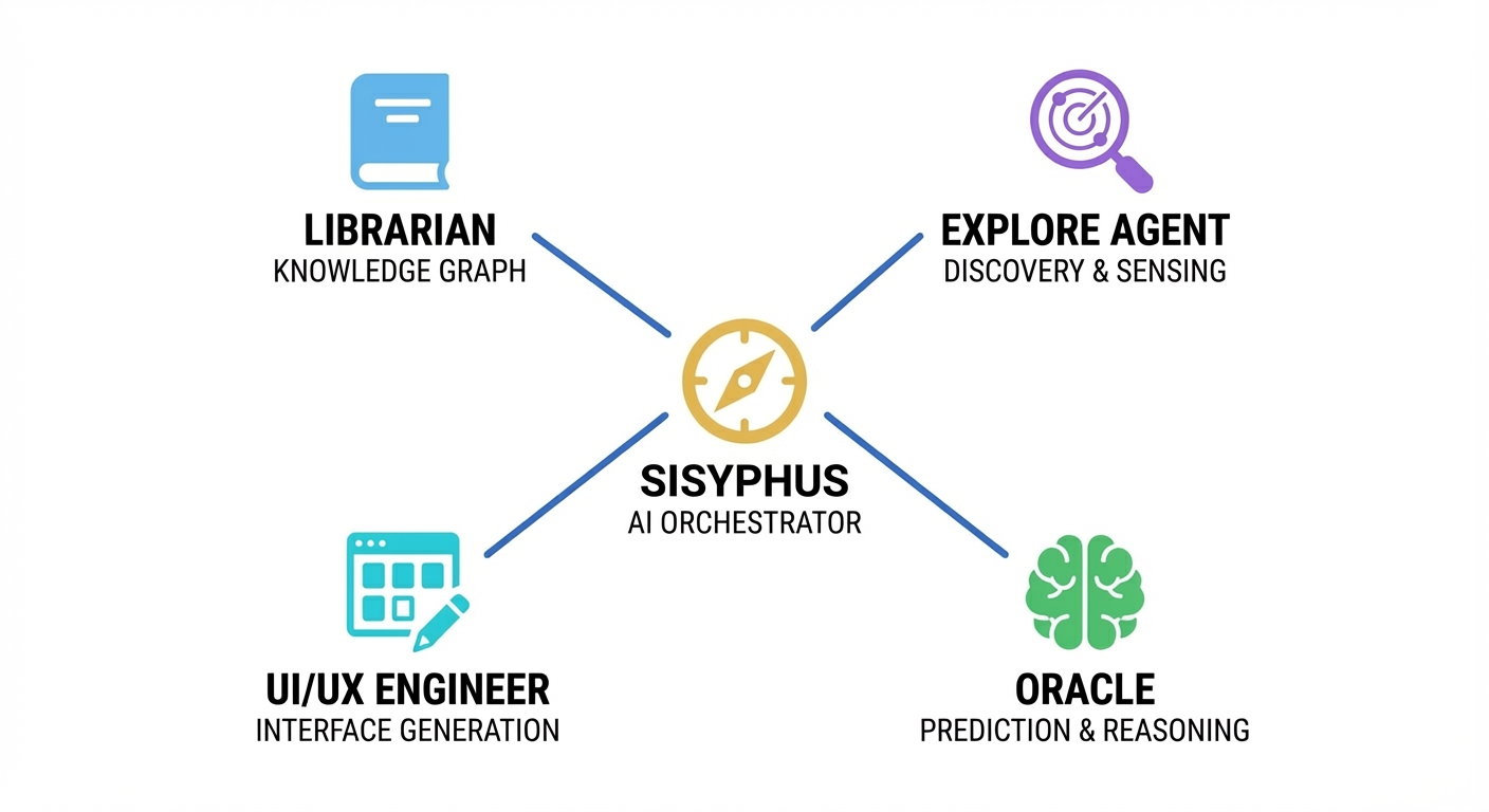 Sisyphus (dirigenten) i midten, med sine spesialiserte agenter: Librarian, Explore, UI/UX Engineer og Oracle. Kilde: Google Nano Banana Pro.
