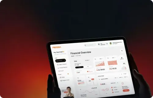 Tablet screen displaying Fintera financial overview dashboard with account balances, activity charts, and menu options.