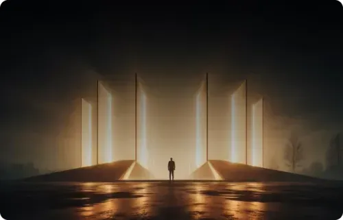 Silhouette of a person standing in front of large illuminated vertical panels in a dark, reflective environment.