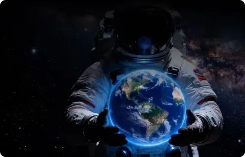 Astronaut in space holding a glowing Earth with visible continents and a starry background.
