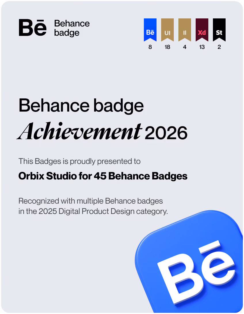 Behance badge achievement certificate for 2025 awarded to Orbix Studio for 37 Behance badges in Digital Product Design with category icons for Behance, UI, Illustrator, Adobe XD, and Style.