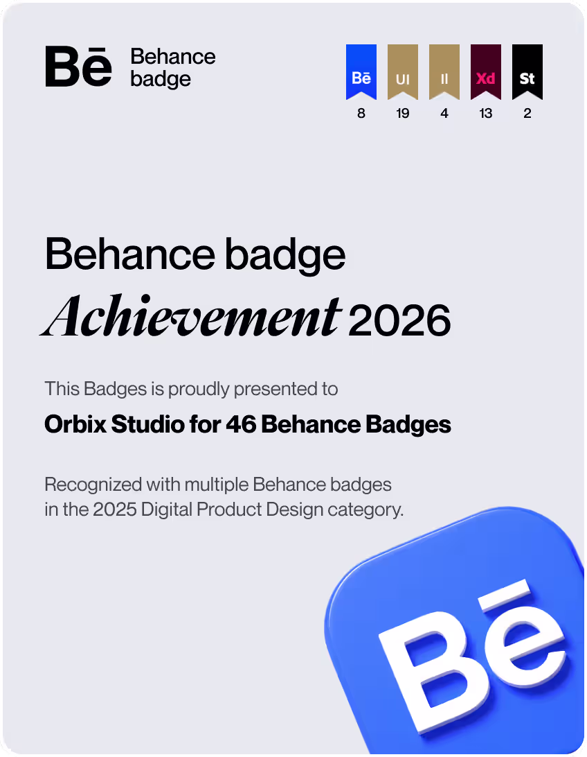 Behance badge achievement certificate for 2025 awarded to Orbix Studio for 37 Behance badges in Digital Product Design with category icons for Behance, UI, Illustrator, Adobe XD, and Style.