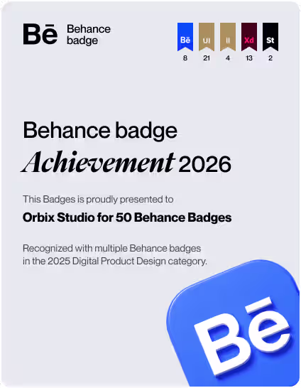 Behance badge achievement certificate for 2025 awarded to Orbix Studio for 37 Behance badges in Digital Product Design with category icons for Behance, UI, Illustrator, Adobe XD, and Style.