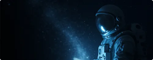 Astronaut in a space suit floating in dark space with stars visible in the background.