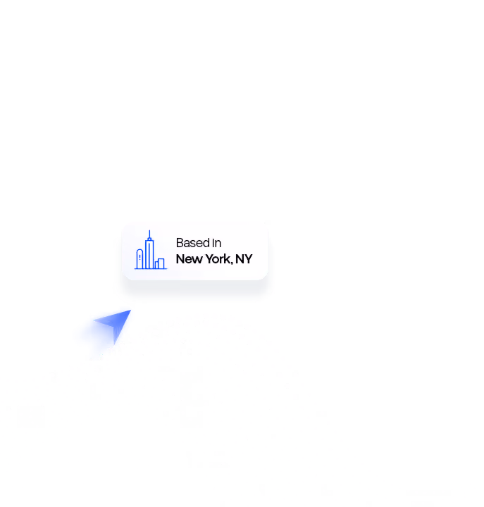 Blue arrow cursor pointing to a label that reads Based in New York, NY with a city skyline icon.