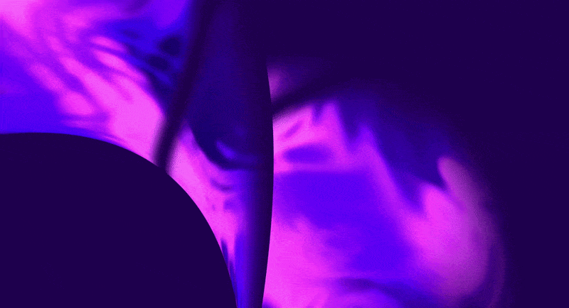 Abstract animation of flowing purple and blue waves with smooth, curved shapes and shadows.