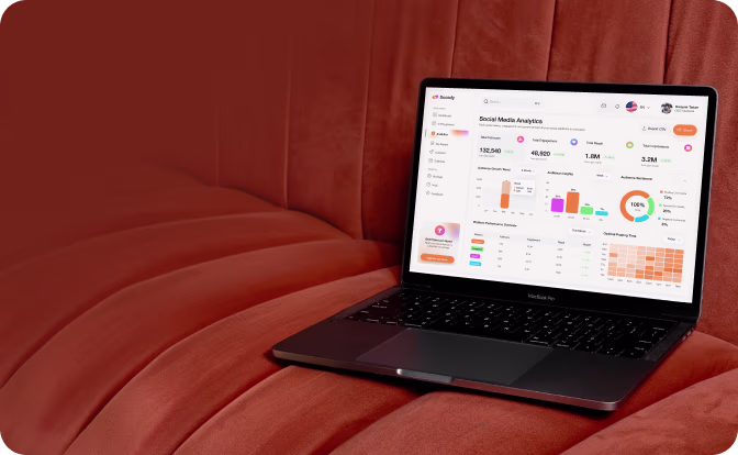 SaaS analytics dashboard showing sales, orders, customers, marketing, and reports with charts and navigation menu.