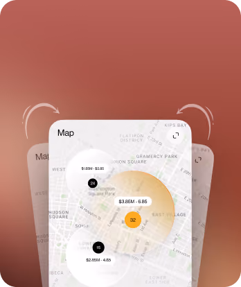 Interactive map showing property prices with a highlighted circular heat map and data points.