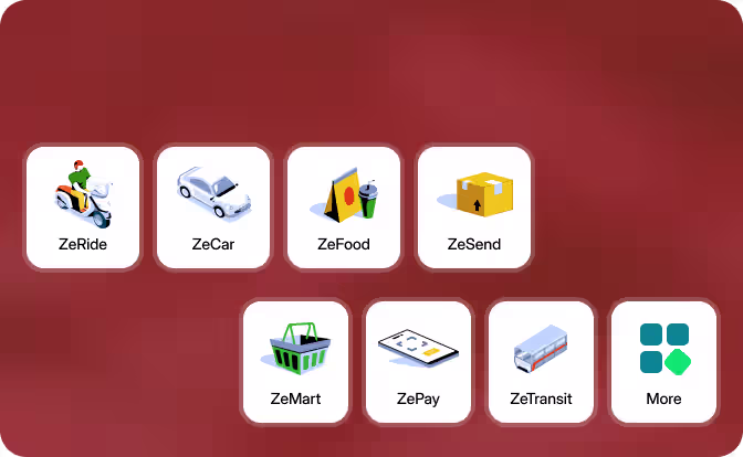 App icons for ZeRide, ZeCar, ZeFood, ZeSend, ZeMart, ZePay, ZeTransit, and a More option on red background.