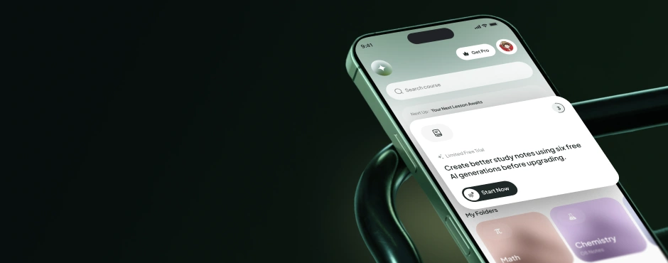 Smartphone screen showing an educational app dashboard with folders and a note about AI study notes.