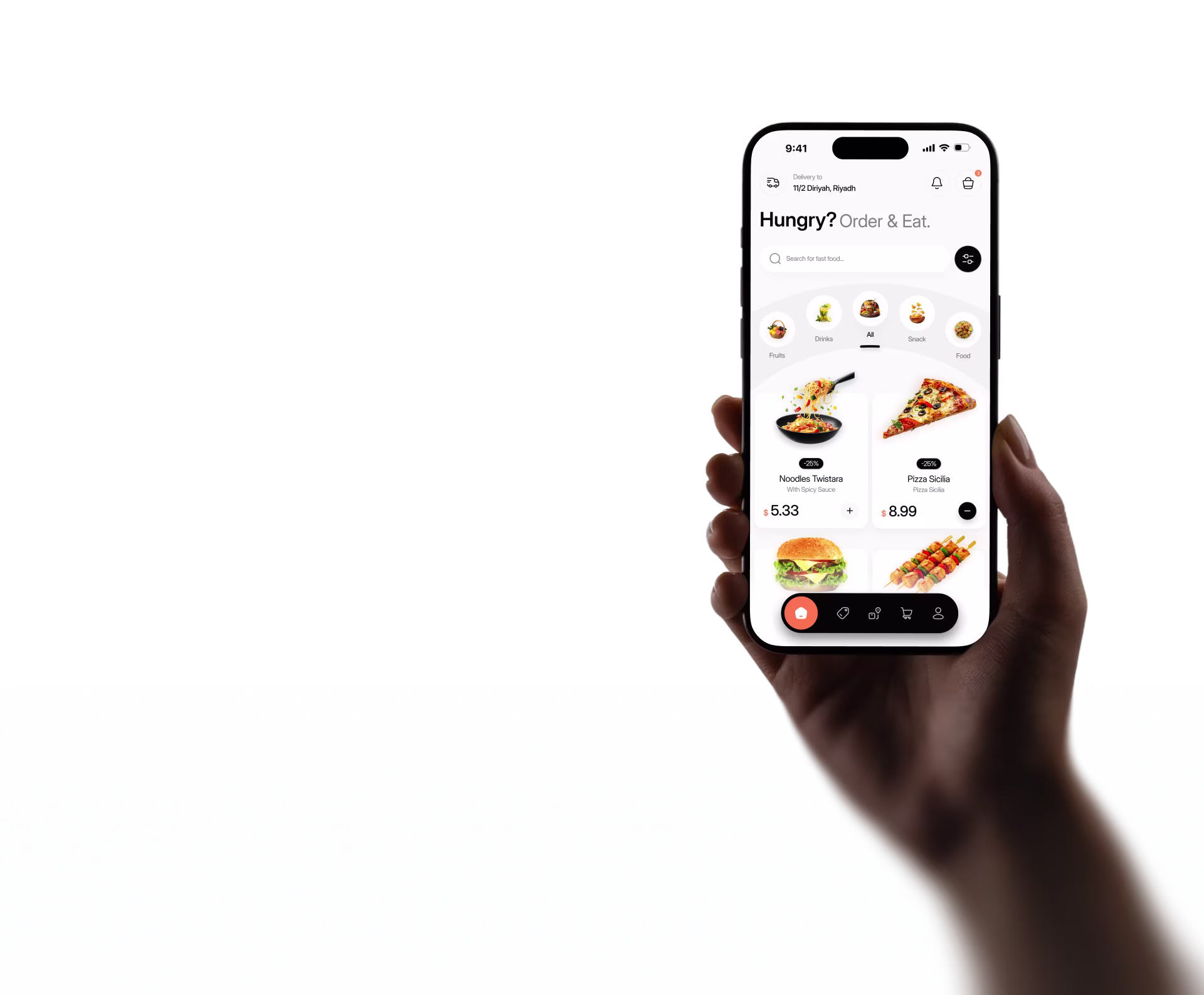 Hand holding phone showing a food delivery app with options for noodles, pizza, burger, and skewers.