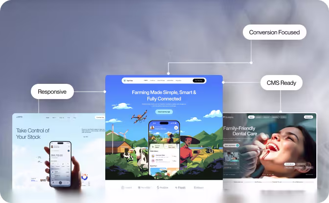 Three website screens showcasing responsive, conversion focused, and CMS ready features with farming and dental themes.