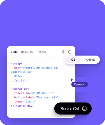 Code snippet with payment widget script and buttons for iOS, Android, and booking a call.
