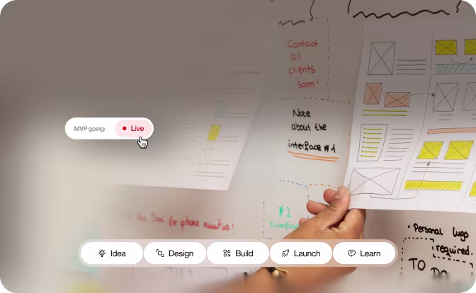 Person holding a paper with sketched interface designs on a whiteboard with project status labels.