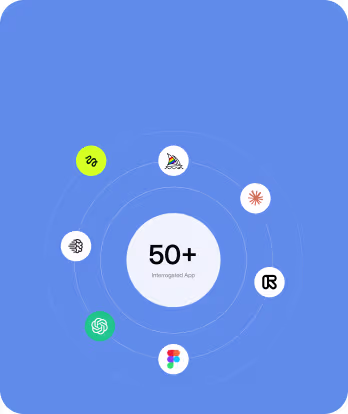 Central circle with '50+ Integrated Apps' surrounded by six app logos on a blue background.