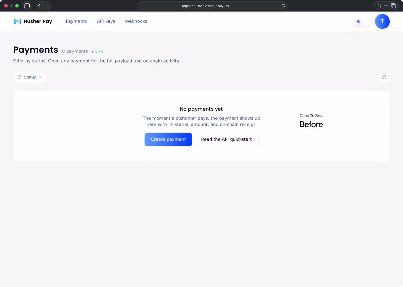 Husher Pay payments dashboard shows no payments yet with buttons to create payment or read API quickstart.