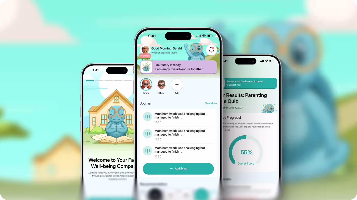Three smartphones showing a child well-being app with journaling, progress score, and introduction screens.