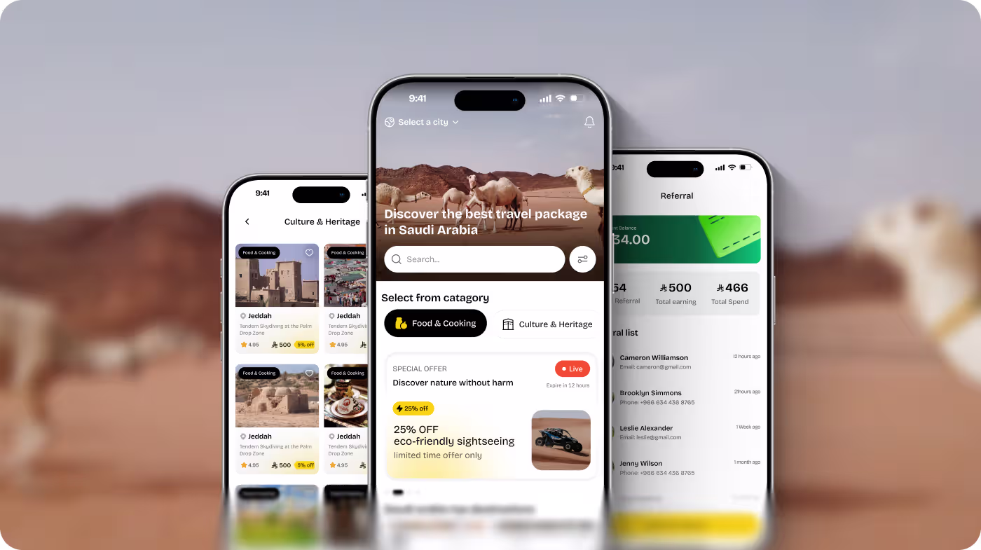 Mobile app screens showing Saudi Arabia travel packages, discounts, and referral earnings.