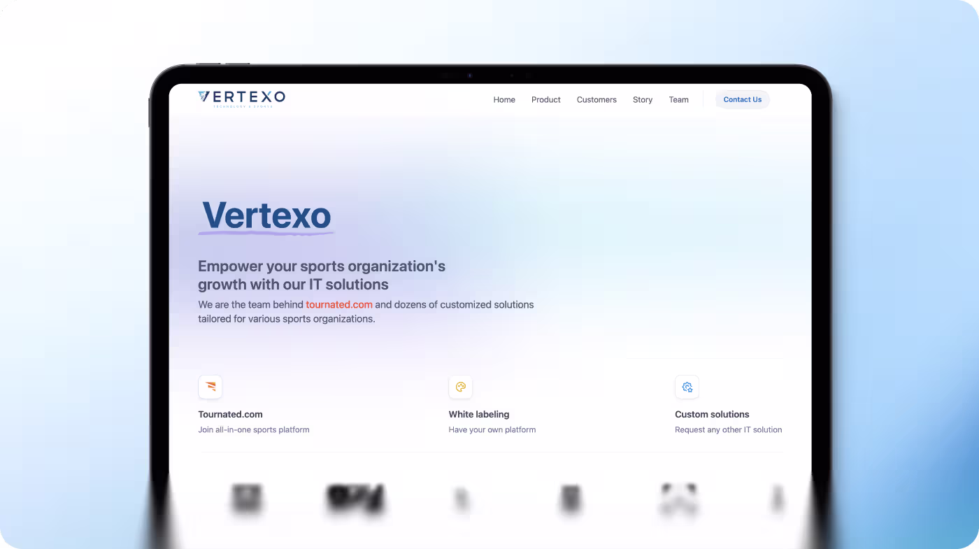Tablet displaying Vertexo website offering IT solutions to power sports organizations' growth.