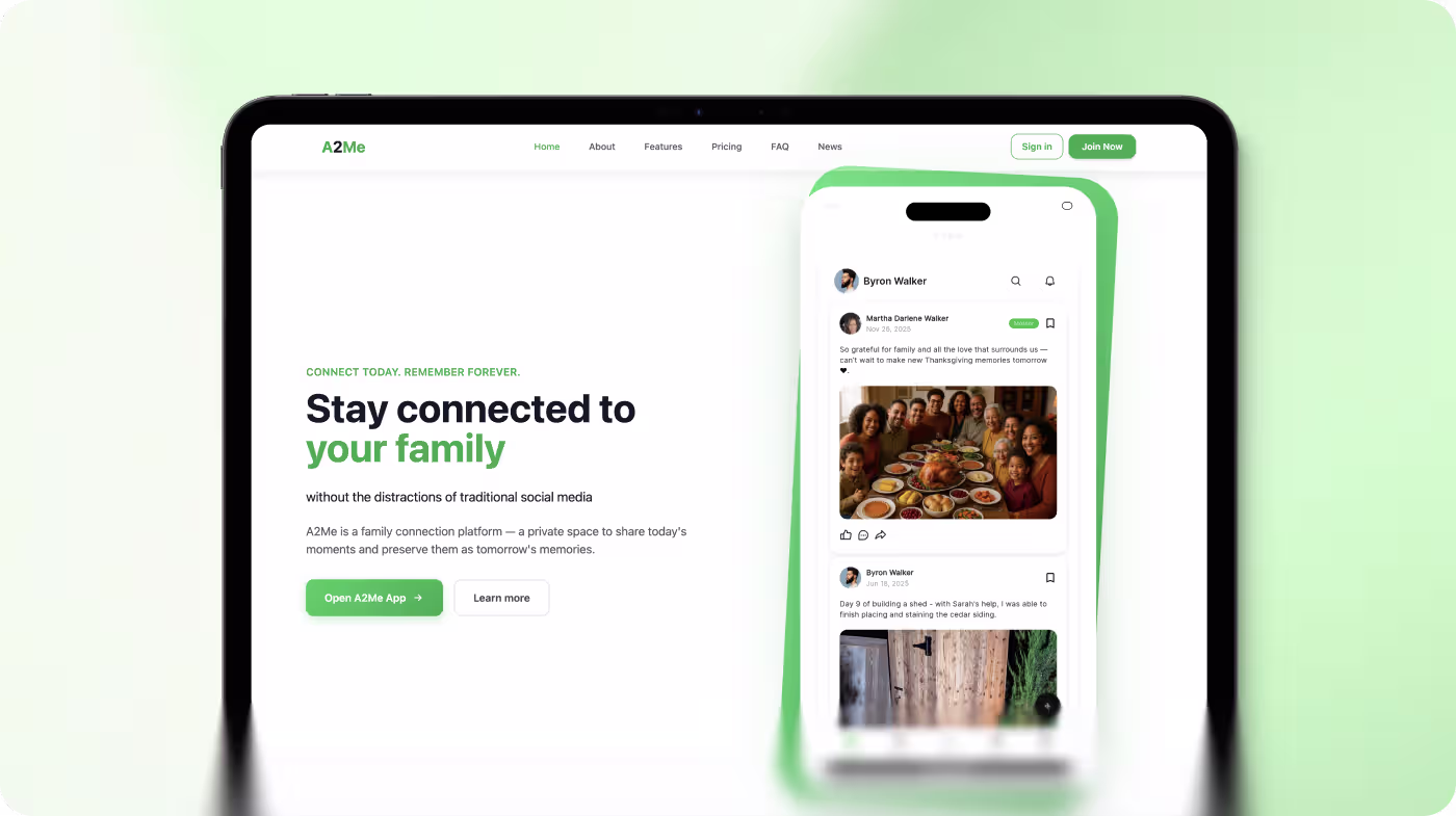 Tablet showing A2Me family connection app homepage with family posts and a green-themed interface.