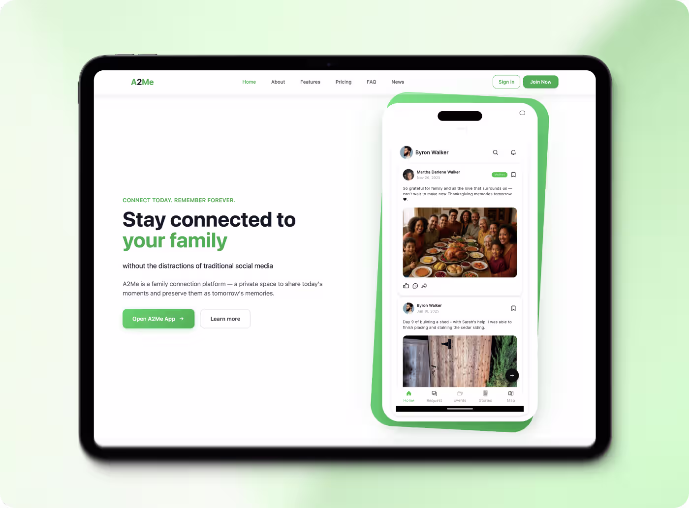 Tablet showing A2Me family connection app homepage with family posts and a green-themed interface.