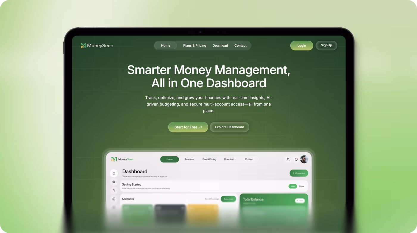Tablet screen showing MoneySeen app homepage with smart money management and a dashboard preview.