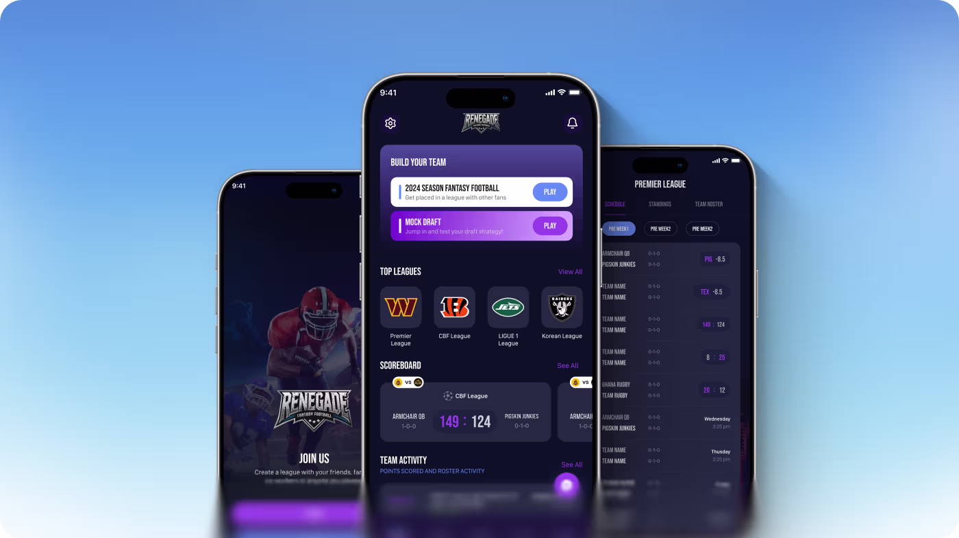 Mobile app screens showing Renegade fantasy football leagues, scores, and team activity on dark interface.