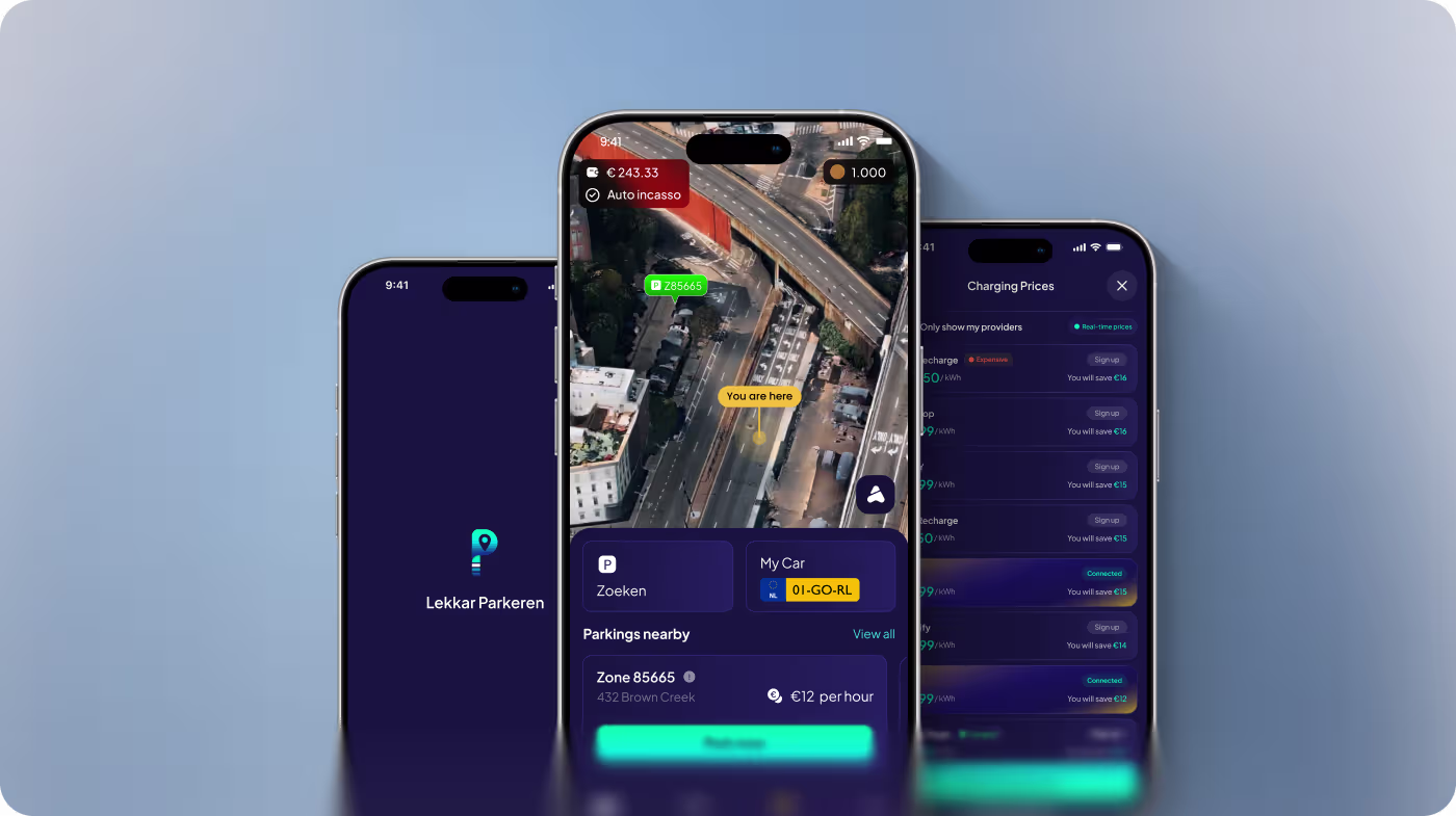 Mobile app showing nearby parking zone on map and listing parking prices and charging options.