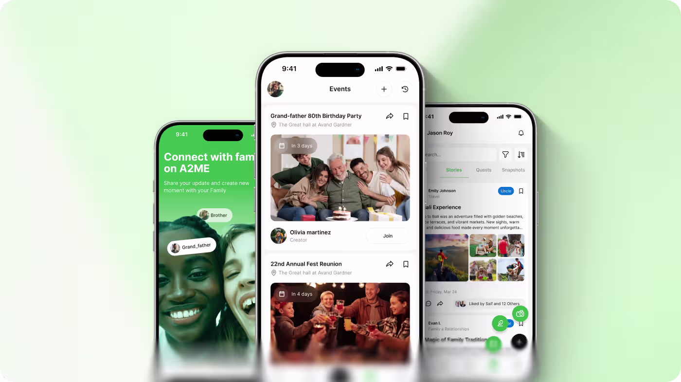 Three smartphones showing a family app with event invites, family stories, and profile connections.
