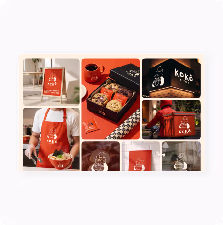 Collage of Koko Kitchen branding including sign, apron, food box, delivery bag, and coffee cup.