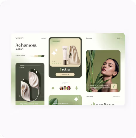 Webpage design mockup with skincare products, brand name Achemest, and a woman posing with green leaves.