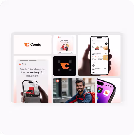 Collage showing Couriq logo, app interface on phones, a smiling delivery man, and a delivery truck image.