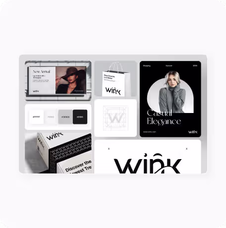 Collection of branding materials including photos, logos, and packaging for a fashion brand named Widk.