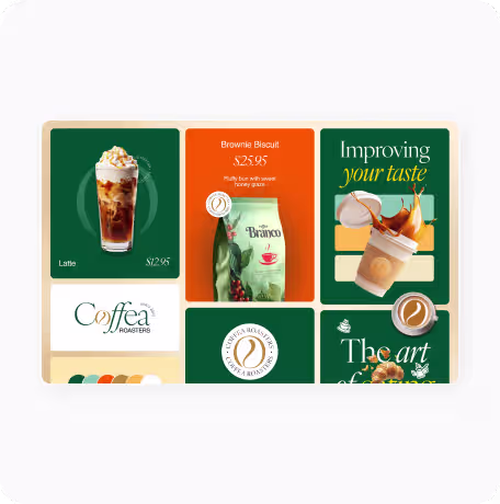Coffee-themed ad showing latte, brownie biscuit, and iced coffee with banners promoting taste and art of coffee.