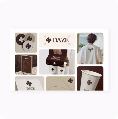 Collage of DAZE brand items including cups, a menu, packaging, and a person wearing a DAZE shirt.