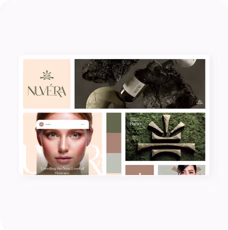 Nuvéra skincare branding with bottle, green moss logo, color swatches, and woman's face in collage.