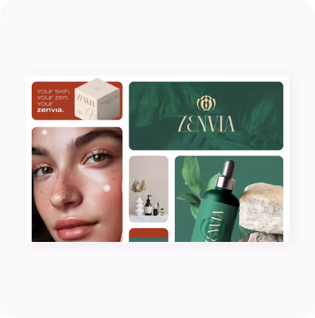 Collage showing Zenvia skincare packaging, a woman's face with cream dots, and a green serum bottle with stones.