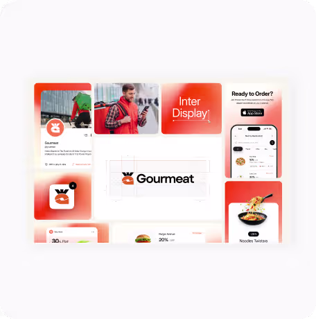 Display of Gourmeat brand with food app screenshots and a delivery person using a phone.