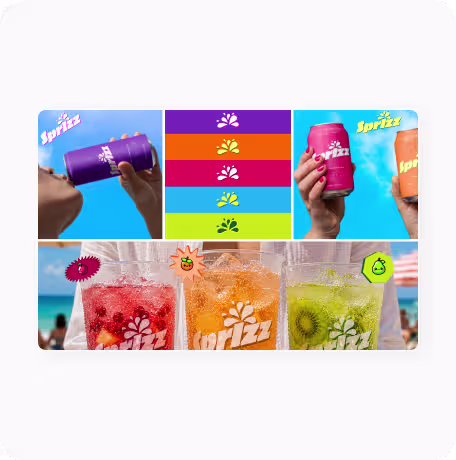 Colorful Sprizz drink cans and glasses with fruit garnishes against blue sky and beach background.