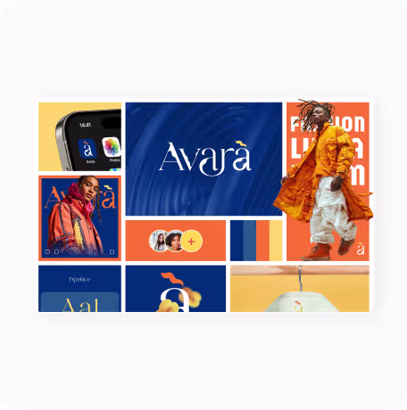 Collage featuring a model in orange outfit, typography, color palette, and fashion design elements.