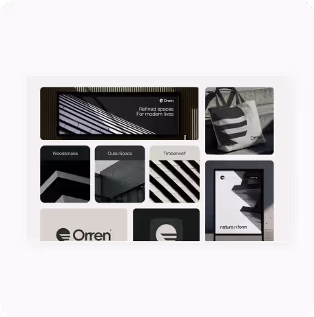 Collage of modern architectural designs, branding with 'Orren', and minimalist photography in black and white tones.