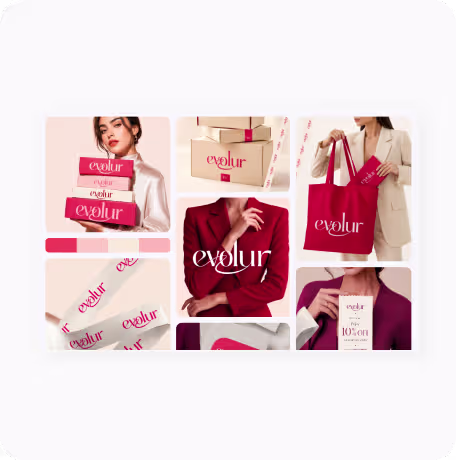 Collage showing Evolur branded boxes, tote bag, ribbon, and promotional card in red and white colors.