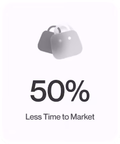 Icon of two overlapping shopping bags above the text '50% Less Time to Market' on a rounded white square background.