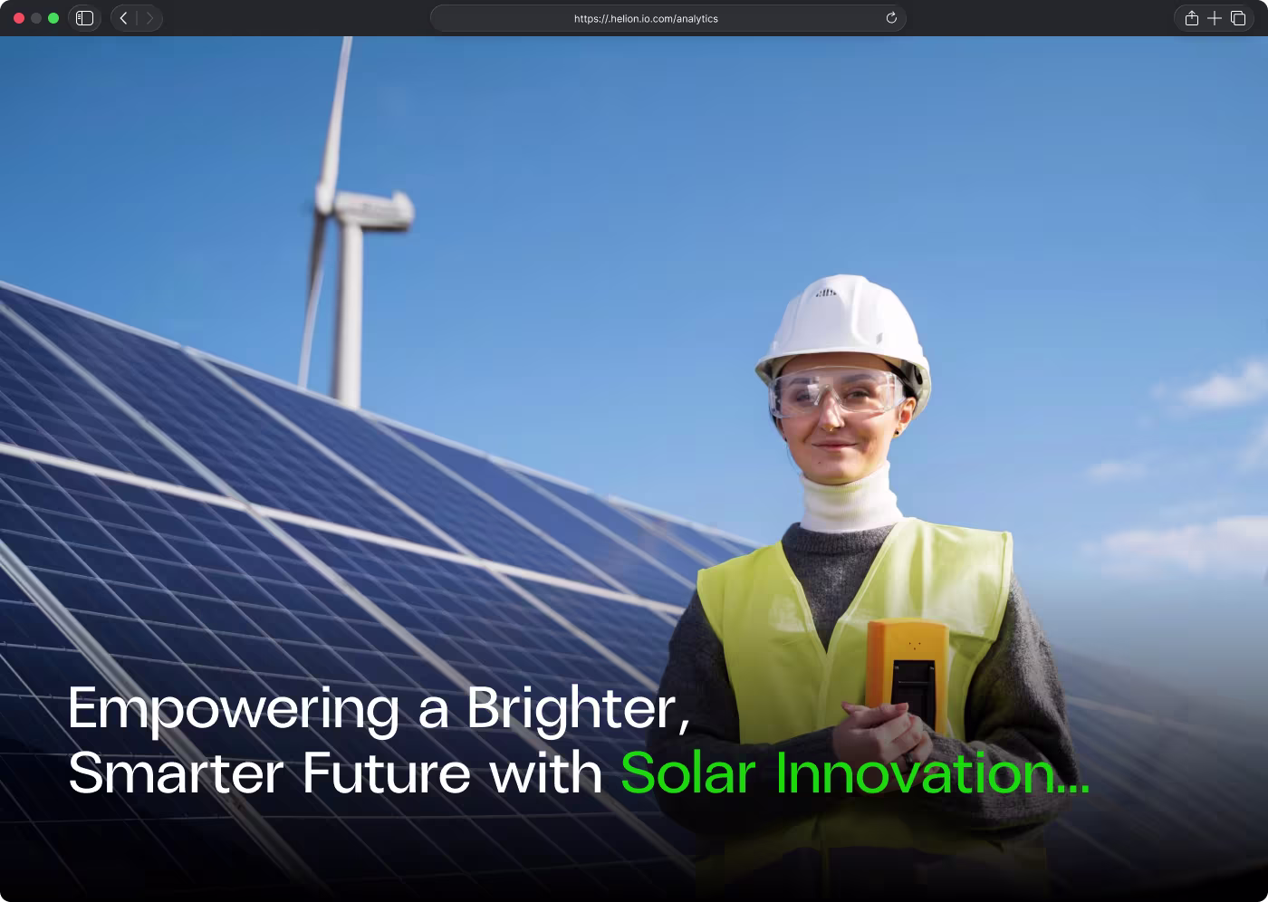A woman wearing a white hard hat, safety goggles, a yellow safety vest, and a gray sweater stands in front of large solar panels and a wind turbine against a clear blue sky, holding an orange device, with the text 'Empowering a Brighter, Smarter Future with Solar Innovation' on the screen.