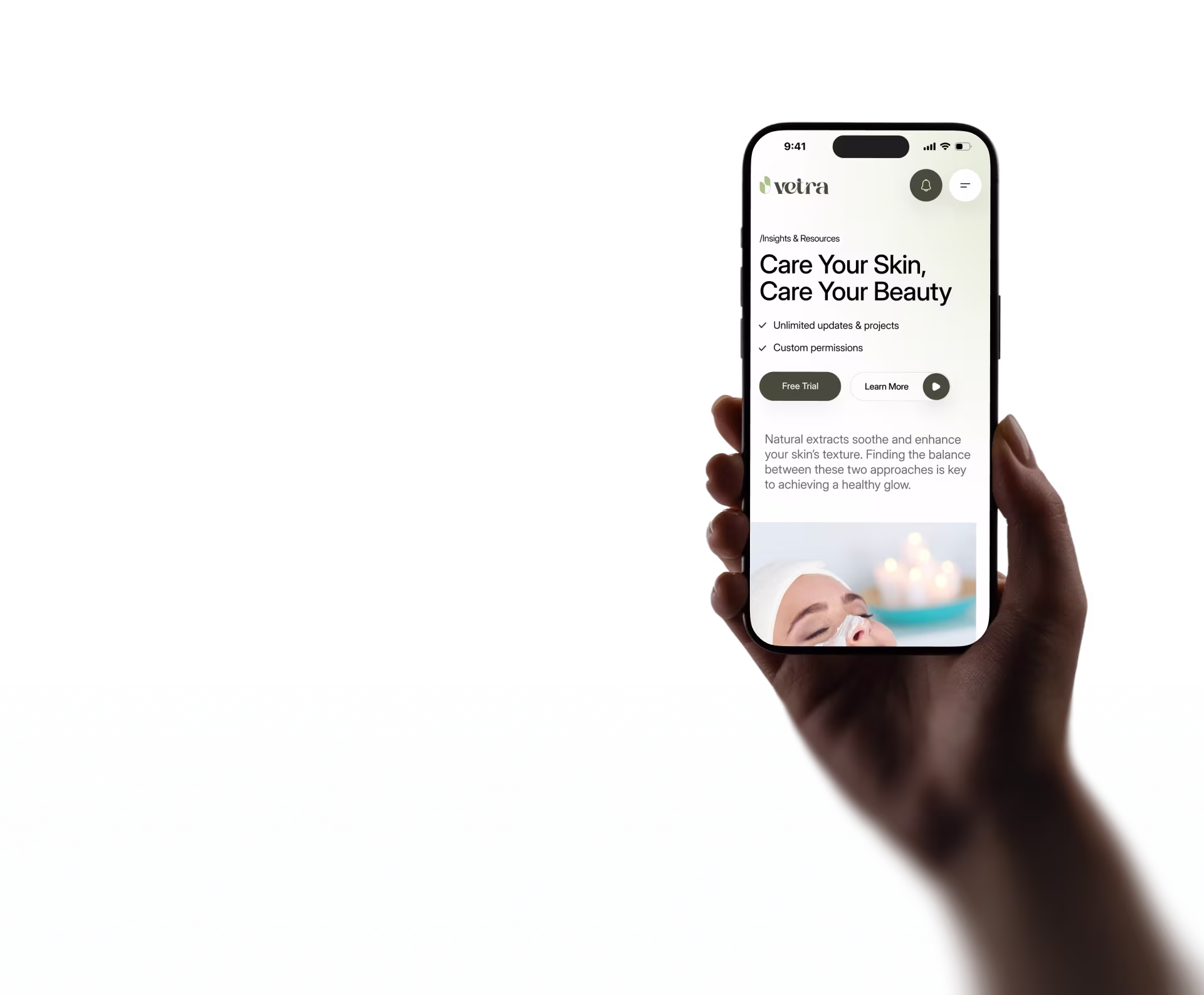 Hand holding a smartphone displaying a skincare app page titled 'Care Your Skin, Care Your Beauty' with options for unlimited updates, custom permissions, and buttons for free trial and learning more.