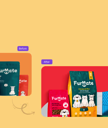 Comparison showing FurMate dog food packaging before and after redesign; the before packaging includes smaller bags with simpler designs, while the after packaging features larger bags with vibrant colors, detailed illustrations of dogs, and clearer product information.
