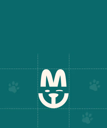 Simplified white cartoon face of a smiling cat with closed eyes on a teal background with faint paw prints.