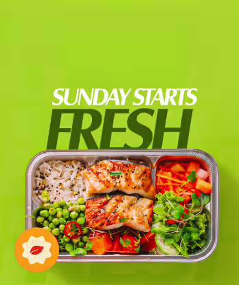 A healthy meal tray with grilled salmon, white rice, green peas, diced carrots, chili slices, and fresh salad greens on a green background with text 'Sunday starts fresh'.