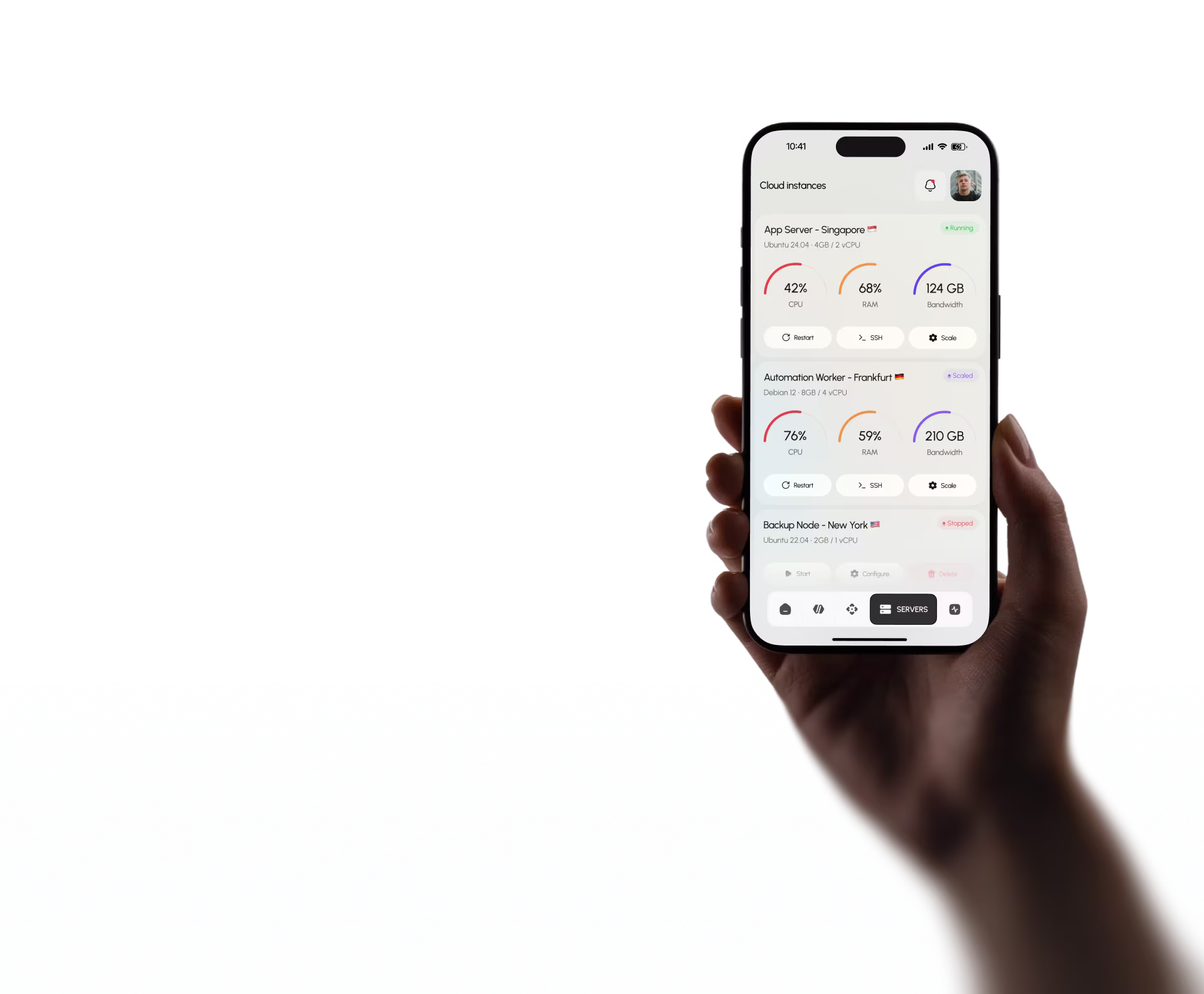 Hand holding a smartphone displaying a cloud instances management app with server status, CPU and RAM usage, bandwidth, and control buttons for App Server in Singapore, Automation Worker in Frankfurt, and Backup Node in New York.
