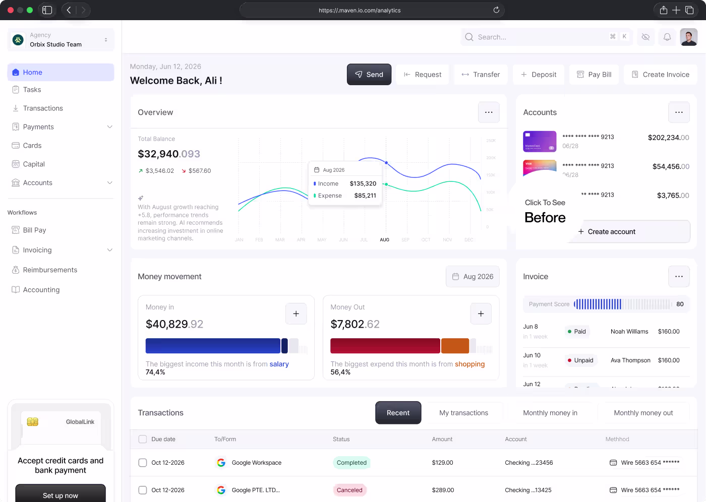 Dashboard of a financial management platform showing total balance of $32,940.09 with income and expense trends for August 2026, a money movement section with $40,829.92 money in from salary and $7,802.62 money out from shopping, recent transactions with statuses like completed and canceled, and account balances listing three accounts ending in 9213 with different dollar amounts.